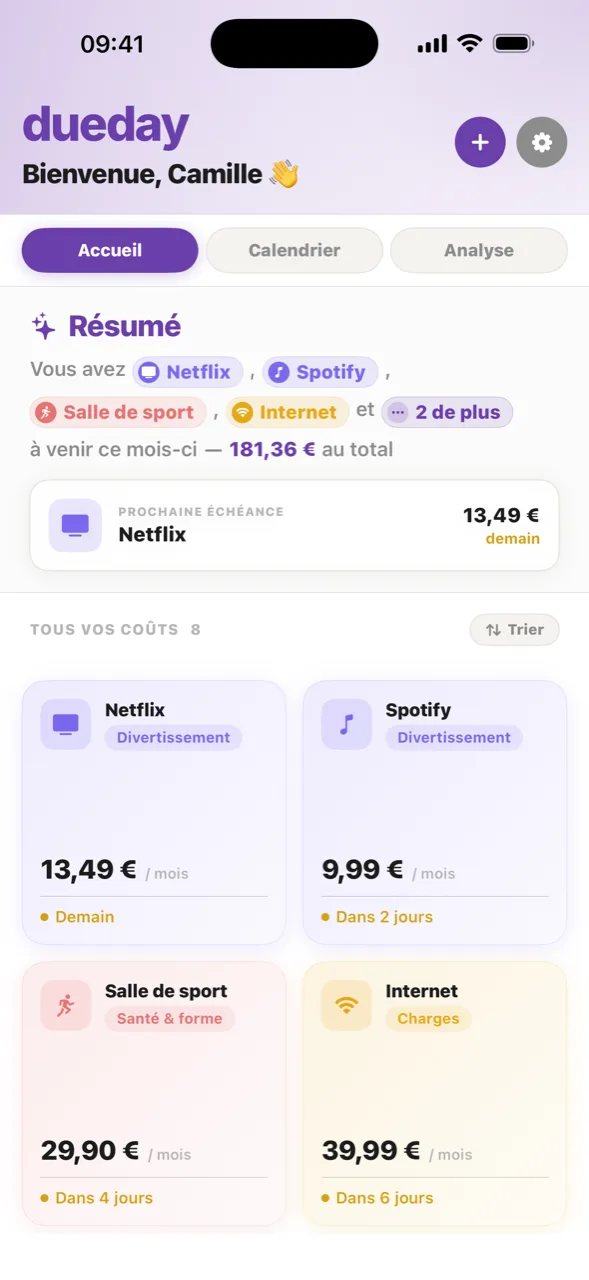The dueday home screen, listing the next due date, the monthly total and cost cards