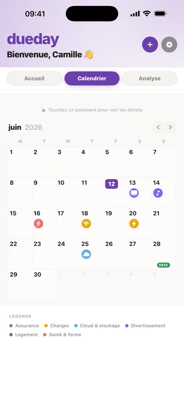 The dueday calendar screen, with due dates marked across the month